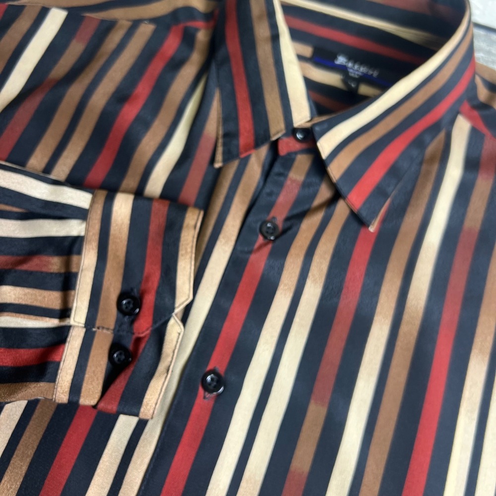 Vintage Bassiri Uomo Shirt USA Button Down Mens Retro Silky Stripe Microfiber M